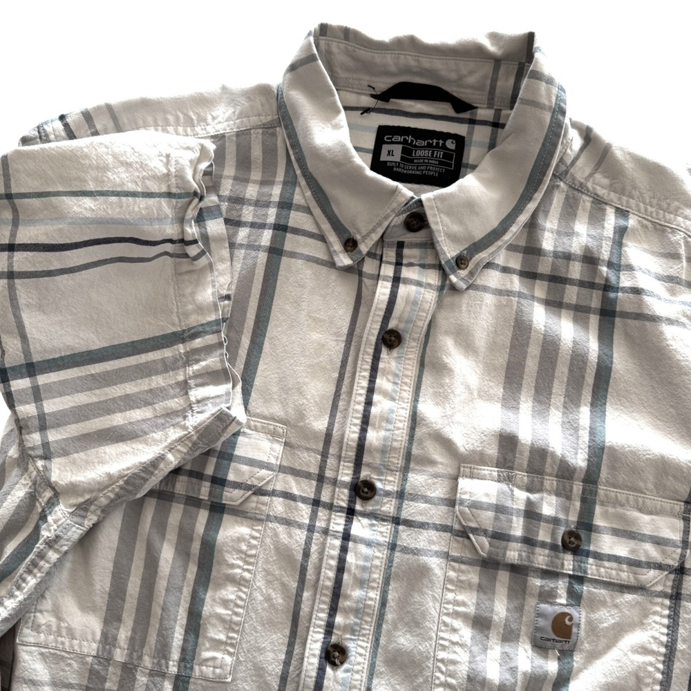 Carhartt Loose Fit Short Sleeve Plaid Button Down Mens XL Cream Teal 105175